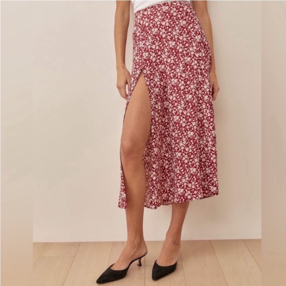 Reformation Red Floral Midi Skirt